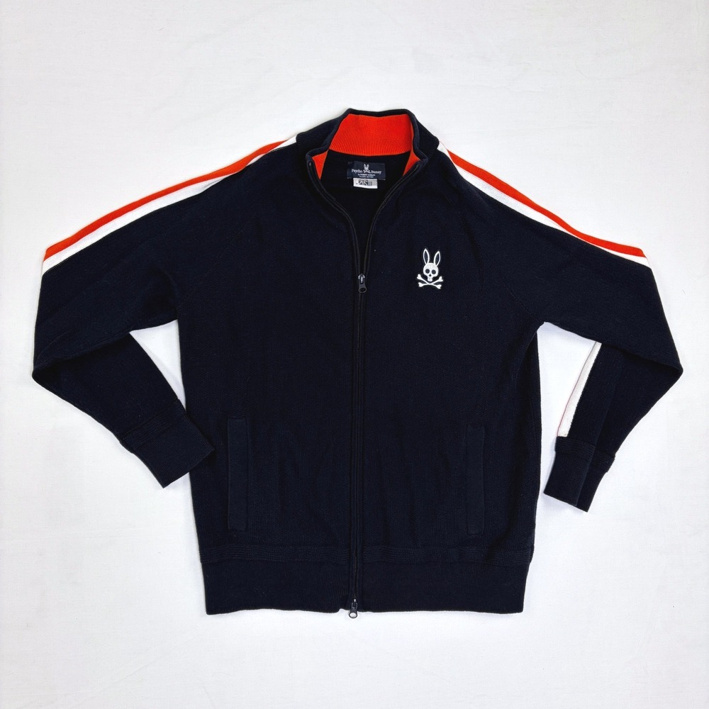 Psycho Bunny Mens Full Zip Track Jacket Navy Blue Cotton Knit Size Medium